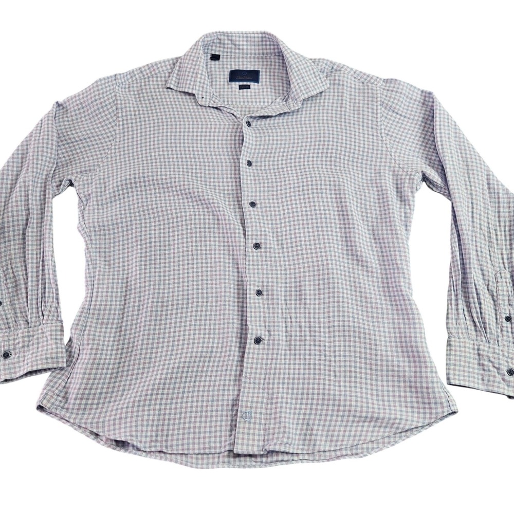 David Donahue Fusion Button Down Mens L Purple Blue Linen Blend Mini Check Shirt
